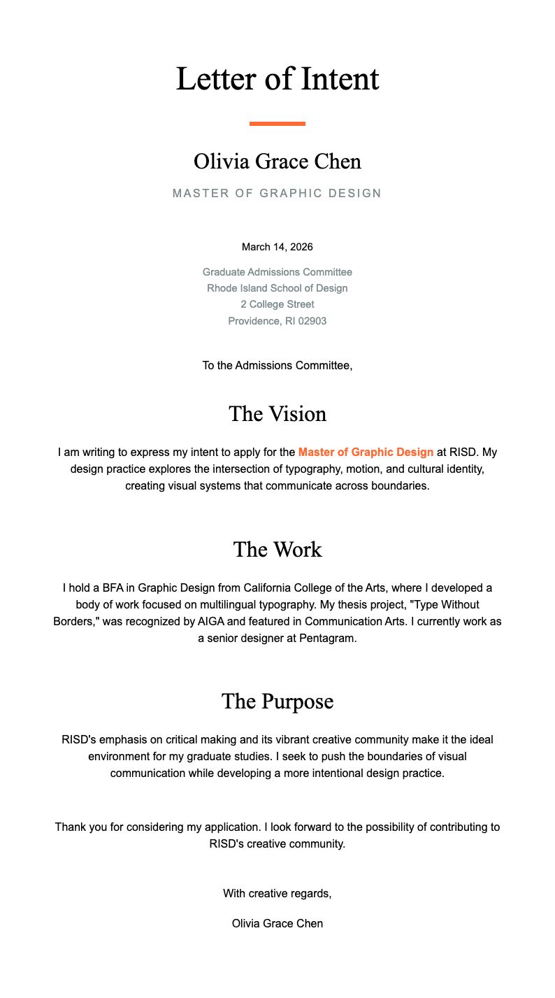 Creative portfolio letter of intent